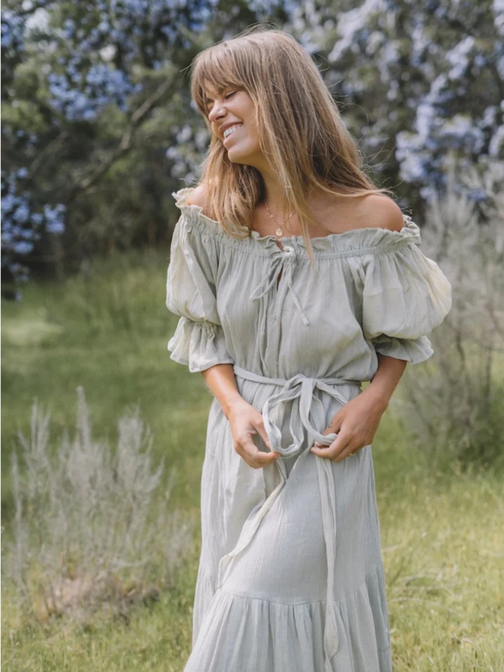 Sage Green Maxi Peasant Dress with Tie Waist
